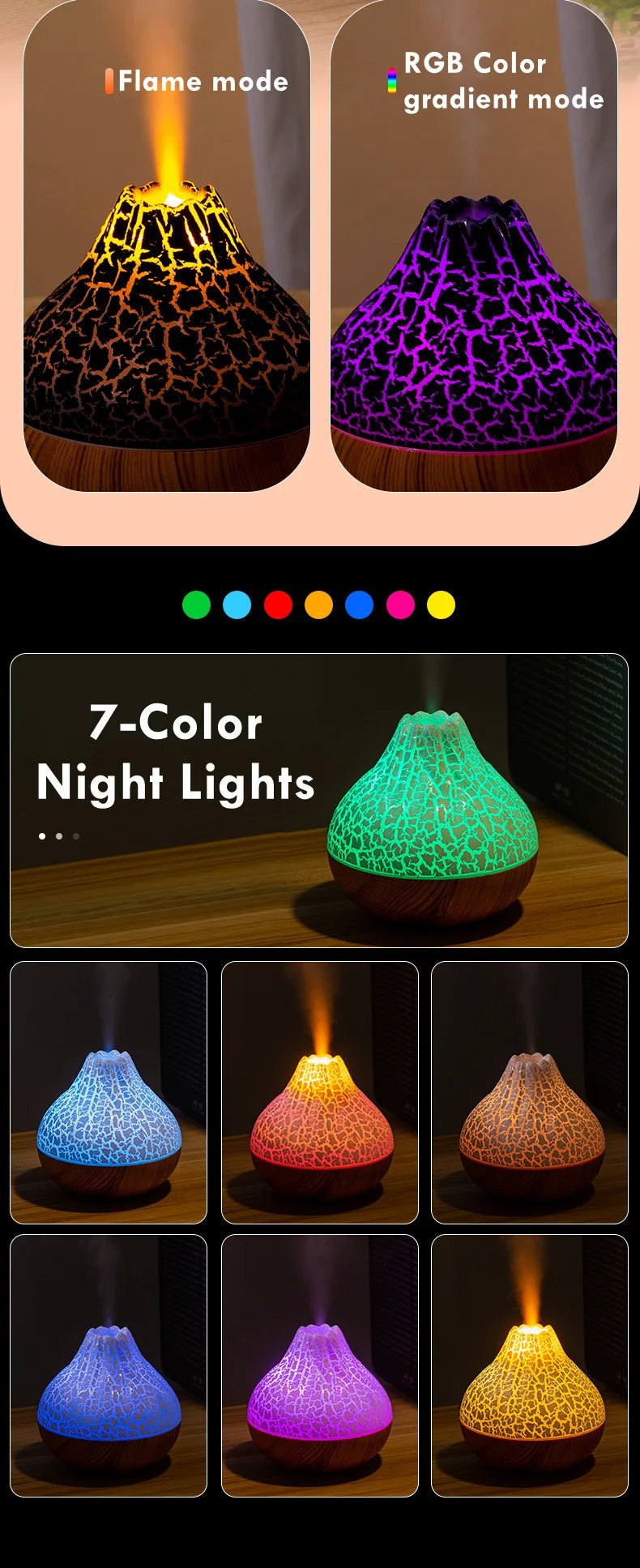 1pc 300ML USB Air Humidifier Small Volcano Humidifier with Colorful Night Lights, Simulation Colorful Flame Humidifier - TonicTrove