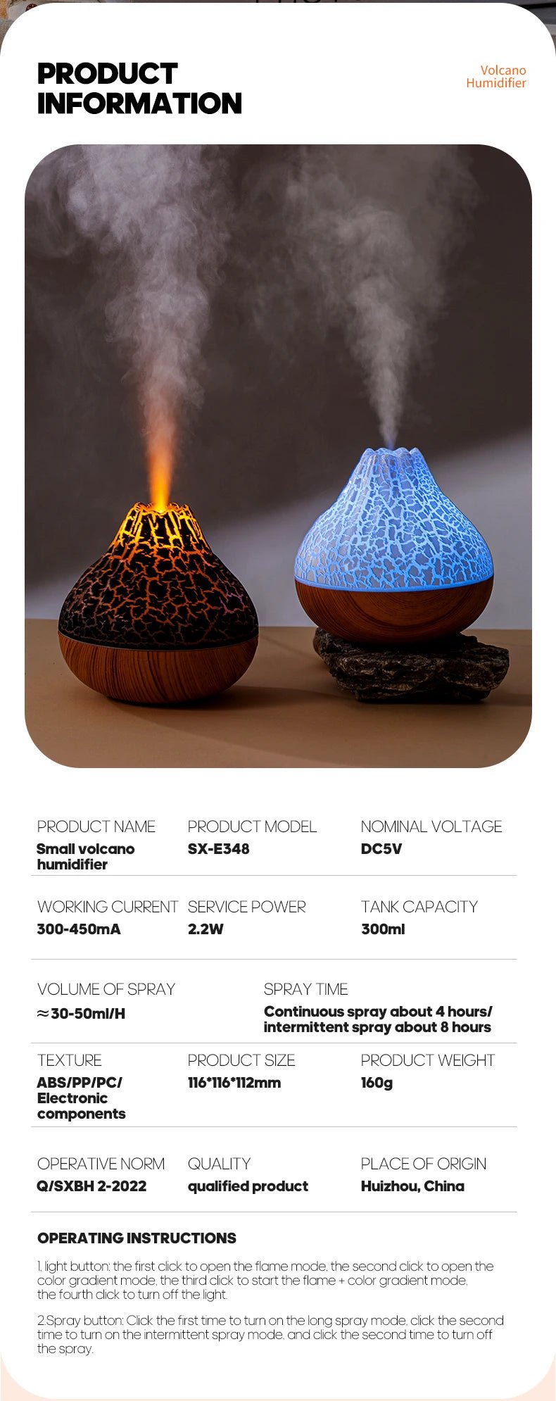 Multi choice light up Colourful Volcano Air Humidifier 300ml - TonicTrove